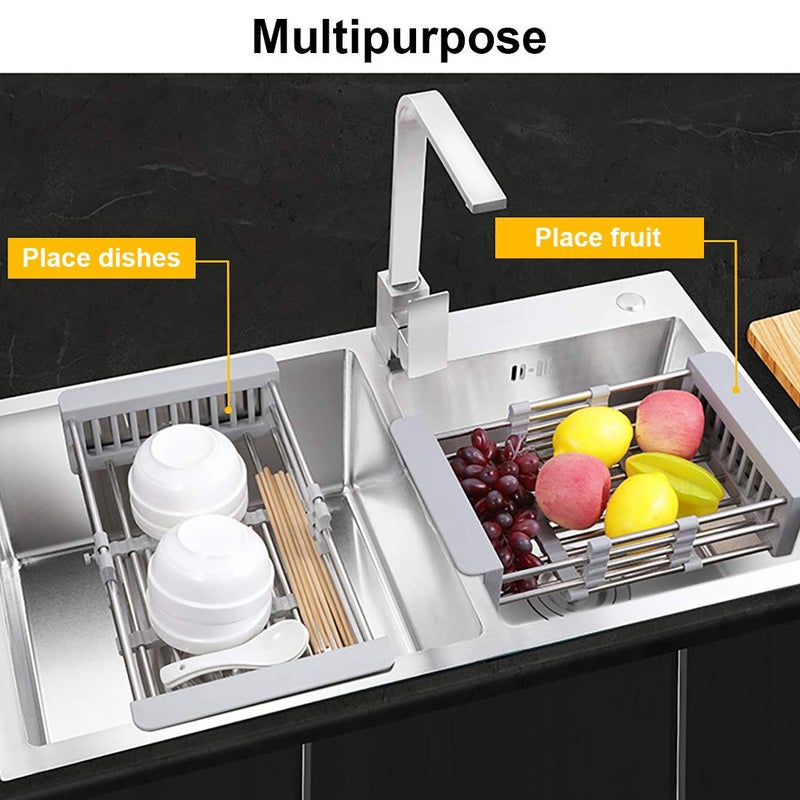 LUEXBOX Expandable Dish Drying Rack Over The Sink, Stainless Steel Drainer Basket with Adjustable Arms for Vegetable and Fruit (Grey) - Image 4